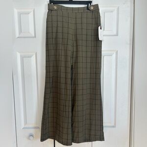 Blu Pepper Olive Green Plaid Wide-Leg Cotton Pants